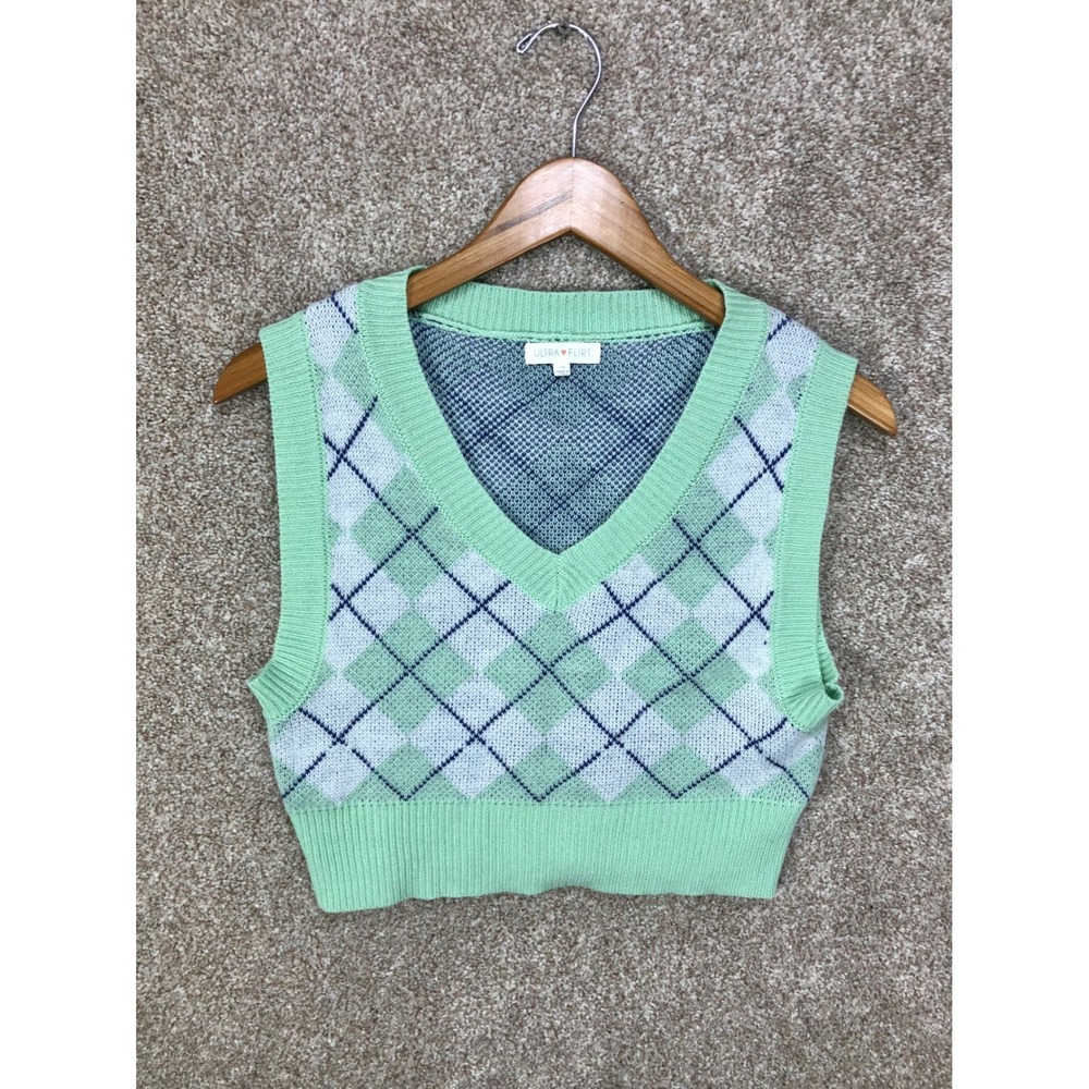 Ultra Flirt Argyle Cropped Sweater Vest Womens M Green V-Neck Preppy Y2K Retro